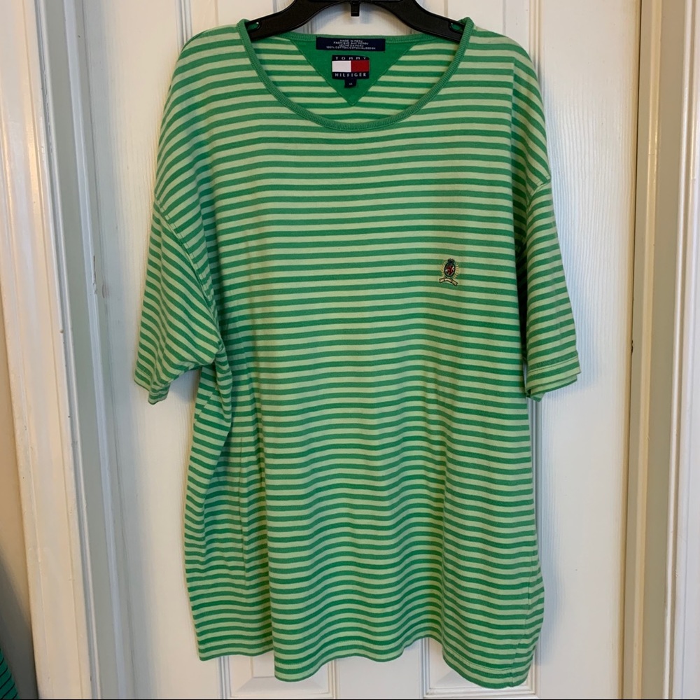 Mens Vintage Tommy Hilfiger Green Striped Tee w/ Crest Logo EUC No Flaws